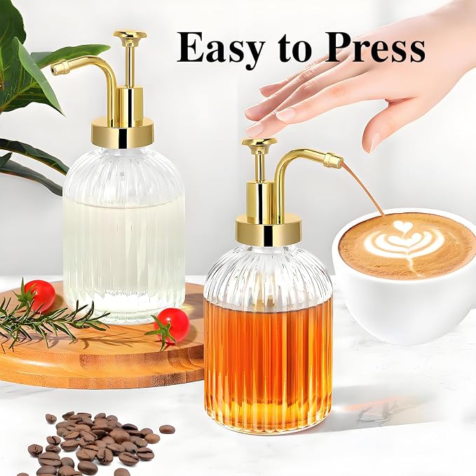TIWPAJS Glass Coffee Syrup Dispenser 10oz, Syrup Bottles with Ribbed Design, Gold Syrup Pump, Coffee Bar Accessories, Honey Dispenser (2) - Image 2