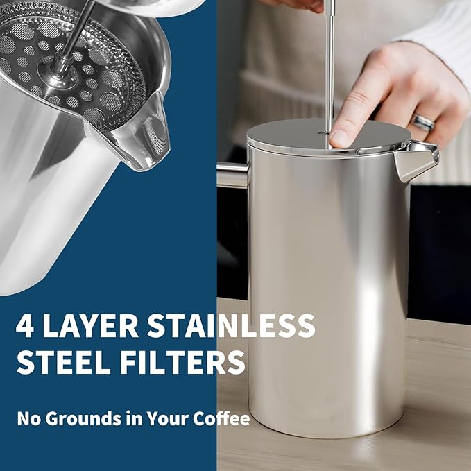 MERMOO YILAN French Press 34oz Insulated Stainless Steel Coffee Maker Unbreakable Coffee Press Easy to Clean for Home, Camping, Travel (Silver)