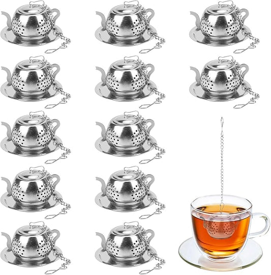 CEYAZYE 12PCS Tea Infuser, Stainless Steel Tea Ball Strainer, Loose Leaf Tea Steeper, Fine Mesh Teapot Interval Diffuser, Extended Chain Hook and Drip Tray for Brewing Tea Herbs Condiments & Spices