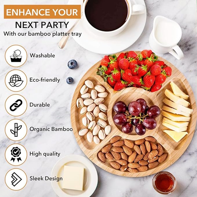 Divided Serving Dish Tray,7.9 in Round Bamboo Serving Trays,Wooden Candy Platters with 5 Compartments,Lazy Snack Trays for Home Decor,Parties, Events (1Pcs)