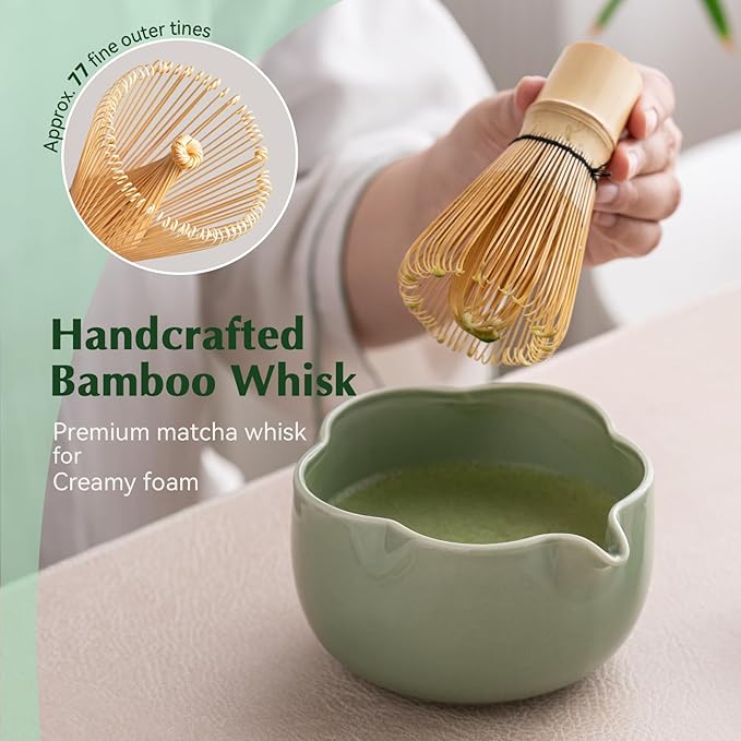 Matcha Set, 8Pcs Floral Ceramic Matcha Kit with Matcha Whisk, Holder, Scoop, Scoop Rest, Sifter, Spoon and Tea Towel - Thoughtful Matcha Whisk Set Gift for Matcha Lovers (Green)
