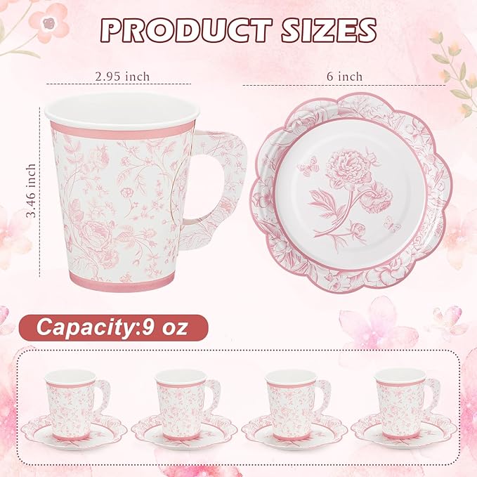100 Sets Pink Floral Paper Tea Cups and Saucers Disposable Paper Tea Party Supplies 9 oz Cups with Handle and Saucer for Birthday Wedding Party Decorations