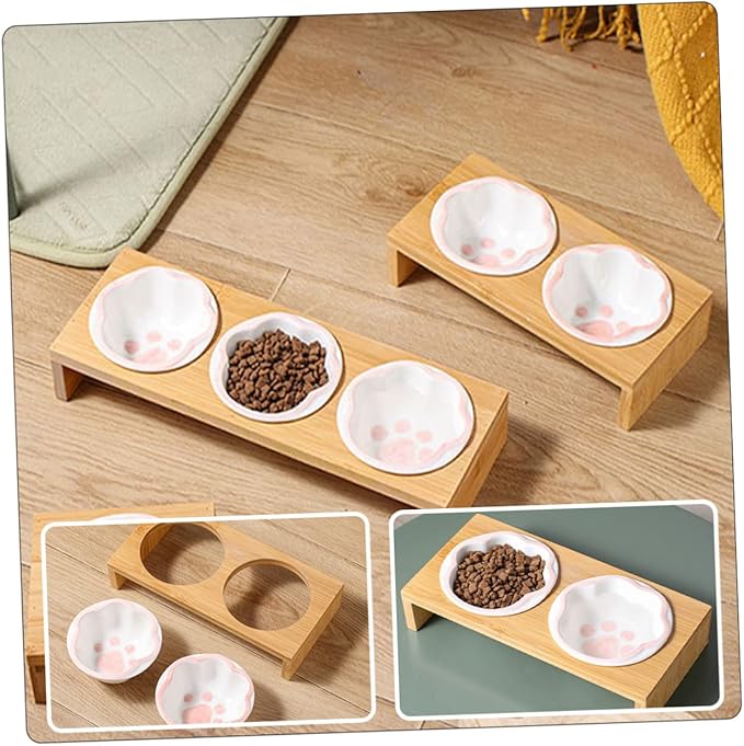 Bamboo Elevated Cat Bowl Ceramic Material Whisker-Friendly Bowl for Kitten Vomiting Relief