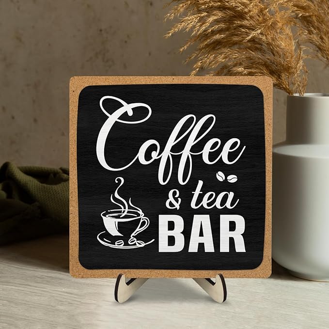 Coffee Bar Sign Plaque Decor,Cafe Station Accessorie for Office,Rustic Wooden Tabletop Plaque with Stand, Minimalist Farmhouse Kitchen Counter Sign ,Cute Mini Café Bar Decor Gift ,Coffee & Tea Bar Decor Signs 5.9x5.9Inch (Black&Grown)