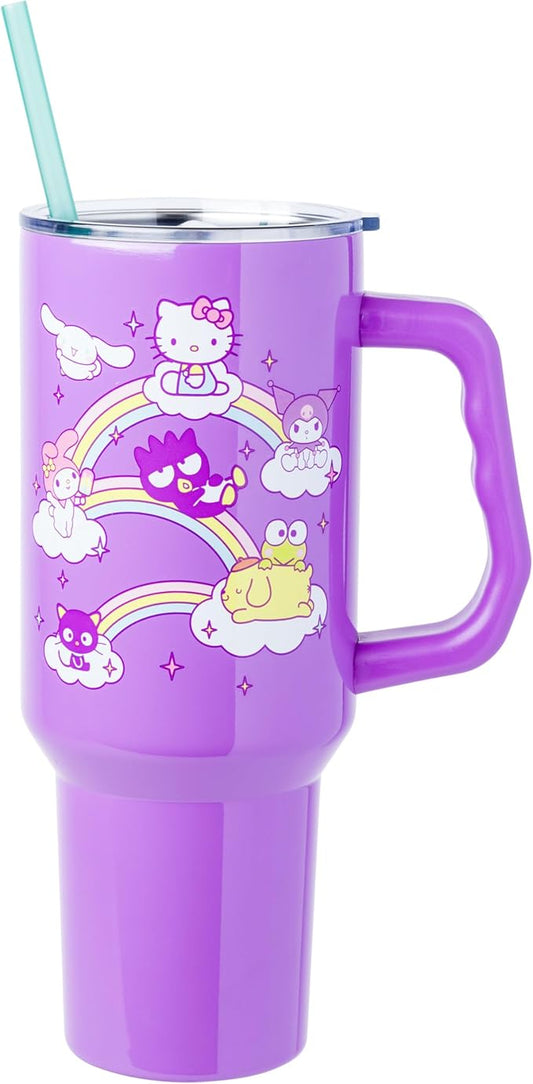 Silver Buffalo Sanrio Hello Kitty and Friends Featuring My Melody, Cinnamoroll, Kuromi, Chococat, Badtz-Maru, Keroppi, and Pompompurin Double Walled Stainless Steel Tumbler with Handle, 40 Ounces