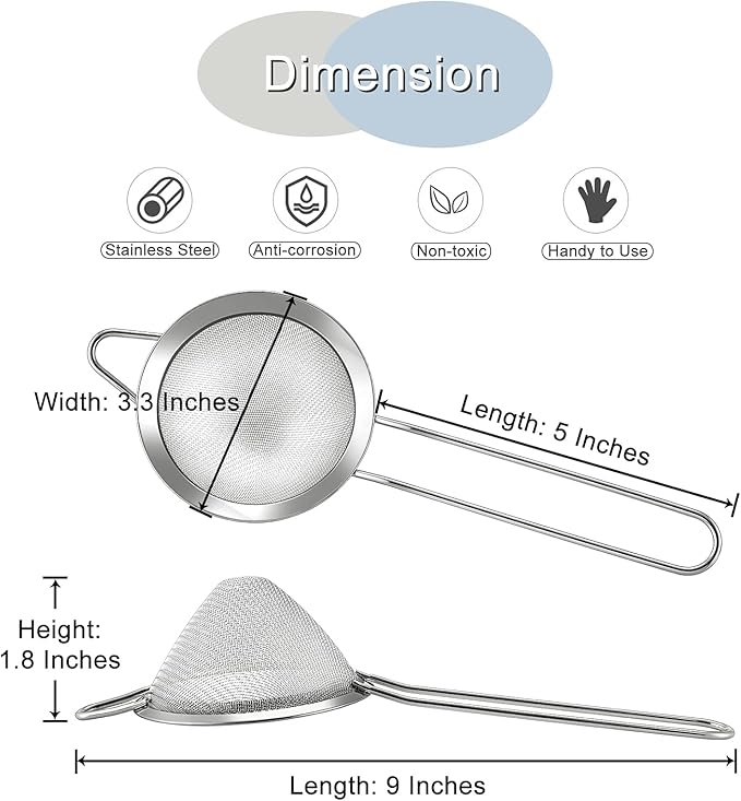 E-far Fine Mesh Strainer Set of 2, 3.3 Inches Stainless Steel Tea Strainer with Long Handle, Small Conical Mesh Strainers Sieve for Cocktail Coffee Food, Rust Proof & Easy to Clean (Silver)