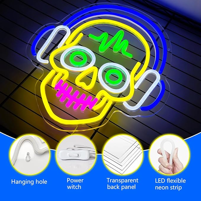 Skull Neon Lights for Wall Decor, Neon Halloween Sign, Light Up Signs USB Dimmable Led Lights Signs for Bedroom Man Cave Bar Pub Home Party Christmas