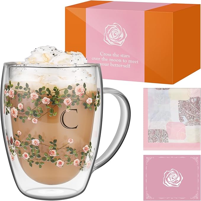 Initial Glass Cup for Women, 12oz Rose Double Walled Glass Coffee Mugs, Personalized Gifts for Women, Initial Coffee Tea Mug with Scarf, Birthday Gifts for Her Mom Friend (ROSE-C)