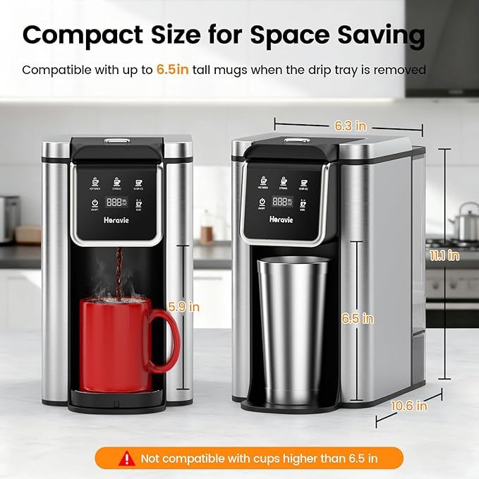 Single Serve Coffee Maker for K-Cup Pod & Grounds, Hot and Iced Coffee Maker, 6 to 14oz Brew Sizes, 50oz Removable Reservoir, Strong Button Feature, Fit 6.5" Mugs, Stainless Steel, Black
