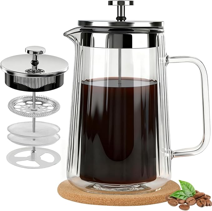 Glass French Press Coffee Maker 34oz, Double Wall Heat-Resistant Borosilicate Glass Coffee Press with Stainless Steel 4-Level Filtration, Also Fit for Tea