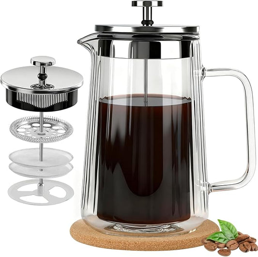 Glass French Press Coffee Maker 34oz, Double Wall Heat-Resistant Borosilicate Glass Coffee Press with Stainless Steel 4-Level Filtration, Also Fit for Tea
