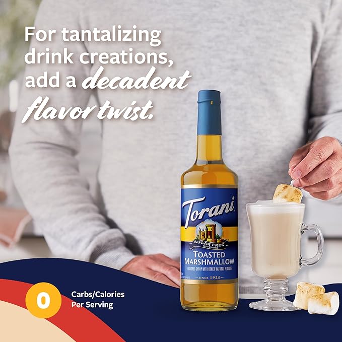 Torani Sugar Free Coffee Syrup, Toasted Marshmallow Flavored Syrup for Drinks, Zero Calorie, Glass Bottle with Pump Included, 25.4 Fl Oz