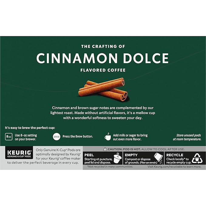 Starbucks K-Cup Coffee Pods, Cinnamon Dolce Flavored Coffee, Naturally Flavored, 100% Arabica, 1 box (10 pods) (Pack of 2)