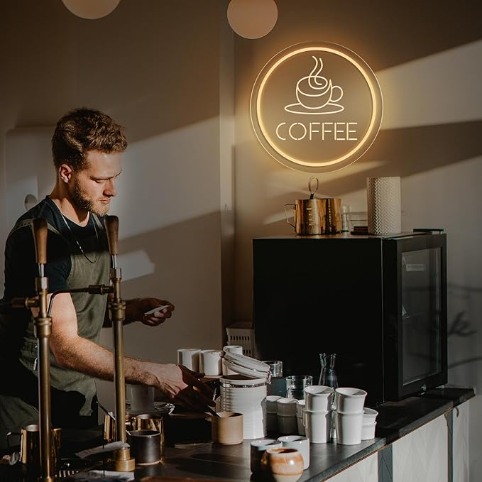 Dimmable Coffee Neon Sign - Vintage Cafe Wall Art, Warm White LED Light for Coffee Bar, Kitchen Decor, Events Backdrop, Perfect Barista Gift (USB Powered and Cup Shape Design)