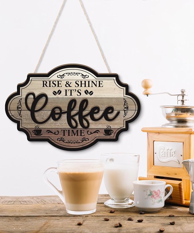 Putuo Decor Farmhouse Coffee Bar Sign, Rise & Shine Its Coffee Time Wall Hanging Sign, Vintage Double Layer Plaque Wall Decor for Home Kitchen Station Rustic Bar Accessories