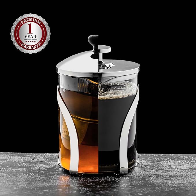 OVENTE French Press Coffee Maker, 20oz Heat Resistant Borosilicate Glass, BPA-Free Brewing Pot with 4-Level Filter System and Stainless Steel Plunger for Cold Brew Coffee, Tea and More, Clear FGC20T