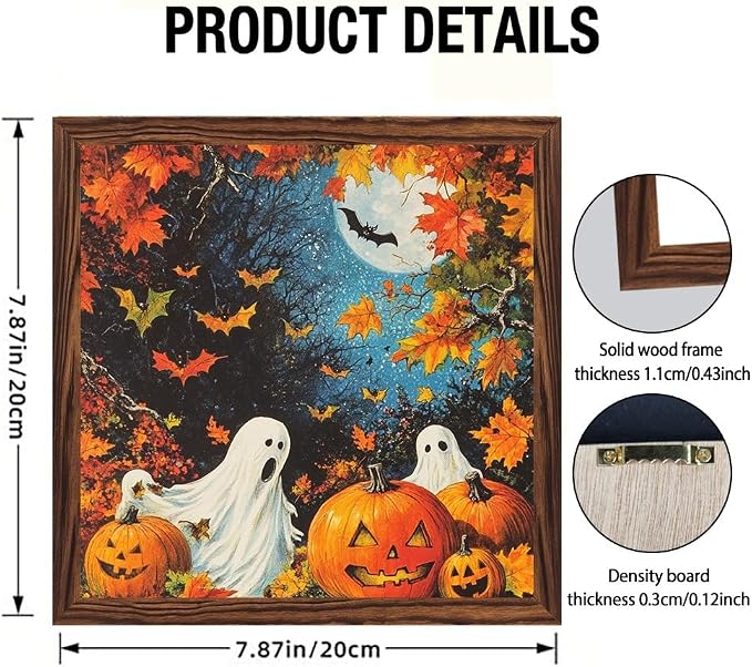 Vintage Halloween Theme Decorative Sign Spooky Ghosts & Pumpkins Art Wooden Sign, With Frame Fall Theme Sign for Home Office, Cafe, Bedroom Halloween Decor 7.87x7.87 Inch - Image 4