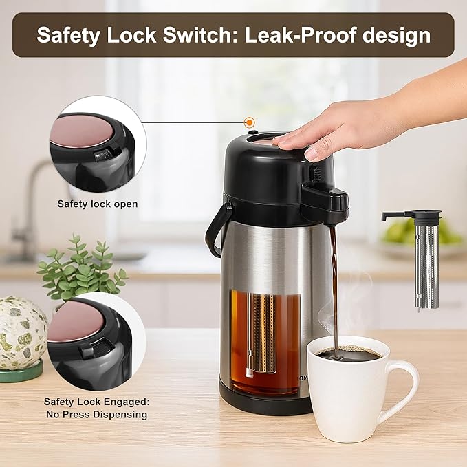 Airpot Coffee Dispenser with Pump,102 OZ/ 3L Large Coffee Dispenser with Tea Filter for Party Hot Drinks Water Tea Chocolate Hot/Cold Water, Insulated Stainless Steel Thermal Carafes
