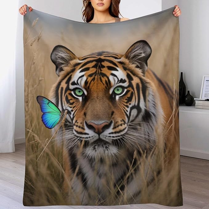 Beautiful Tiger Nature Grass Super Soft Throw Blanket, Blue Butterfly Flannel Fleece Decorative Throw for Sofa Couch Bedroom Decor Outdoor Use 30"x40"