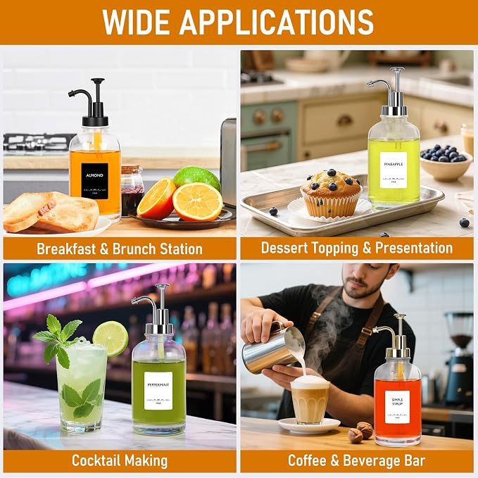Coffee Syrup Dispenser 16.9 Oz 2 Pack, 500ml Glass Bottle with Black Plastic Pump for Coffee Bar, Includes 36 Stickers & Marker - Reusable Syrup Bottles - Image 7