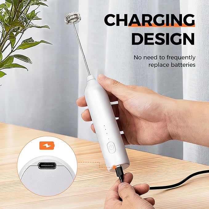 Milk Frother Type-C Rechargeable Handheld Electric Whisk Coffee Frother 3 Speed Adjustable Foam Maker Blender for Coffee Matcha Latte Cappuccino Hot Chocolate Kitchen Gifts(White)