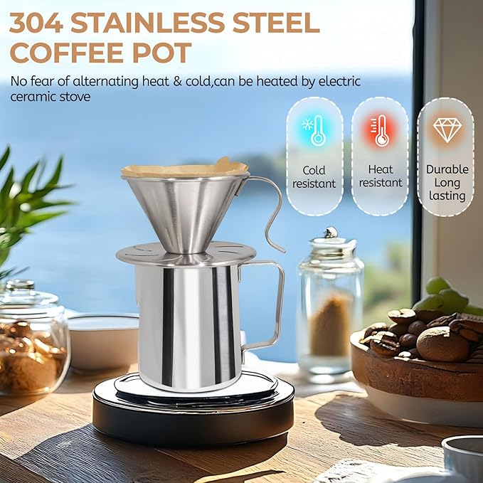 Pour Over Coffee Maker 600ml Milk Frothing Pitcher 304 Thickened Stainless Steel Drip Coffeemaker Set with 50pcs V60 Cone Paper Filters Hand Brew Dripper Carafe for Home Camping Travel 20oz