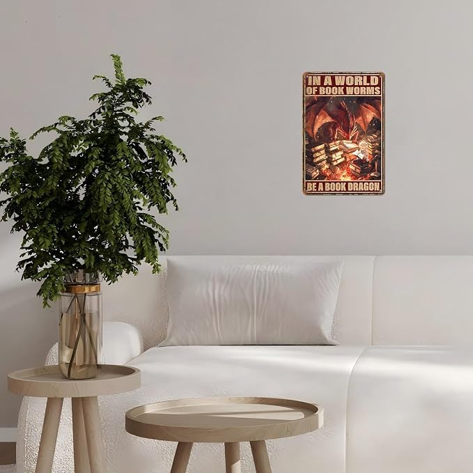 Dragon Vintage Art Wall Decor Sign In A World of Bookworms Be A Book Dragon for Garage Home Bedroom Bar Wall Decor 12 * 8inch - Image 6