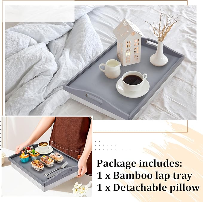 Tioncy 1 Piece Bamboo Lap Tray with Detachable Pillow 16.9'' x 13'' Lap TV Trays Desk with Handles for Adults Eating in Recliner Breakfast Housewarming Gift (Grey)