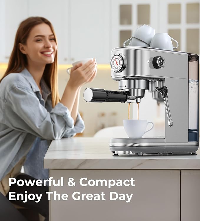 Espresso Machine with Milk Frother, 20 Bar Pressure Espresso Maker, with 44OZ Removable Tank, Compact Stainless Steel Coffee Machine for Home, Office, Latte, Cappuccino, Macchiato, Silver