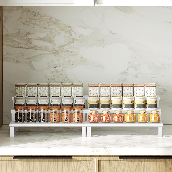 YATINEY Spice Rack, Wooden Display Riser Stand, Set of 2, Vanity Display Stand, Perfume Organizer, Tiered Countertop Organizers, Space Saving, for Kitchen Spices,Syrup, Coffee Mugs, White SR03L2WW - Image 7