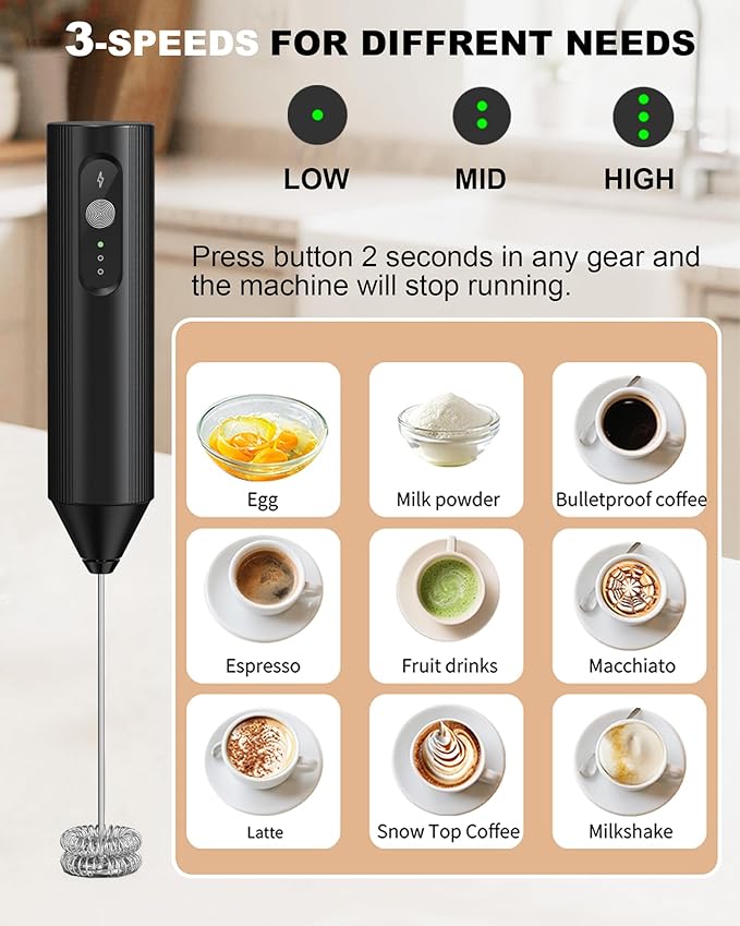3-Speed Handheld Milk Frother with Cover, Rechargeable Electric Drink Mixer with Dual Coil Whisk - Portable Frother Wand for Coffee, Latte, Cappuccino, Hot Chocolate & Matcha, Black