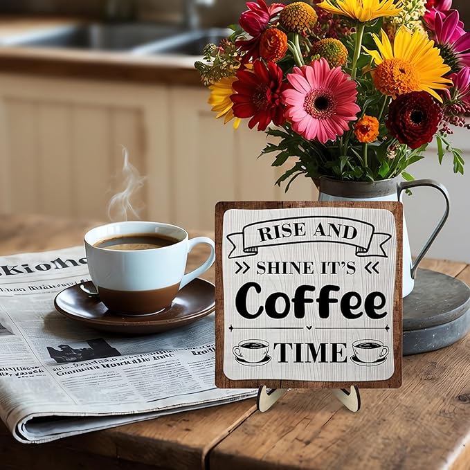 Coffee Bar Sign Plaque, Coffee Signs for Coffee Station, Vintage Coffee Sign Decor for Kitchen, Coffee Bar Accessories, Coffee Themed Gifts, Farmhouse Cafe Sign,Coffee & Tea Bar Decor Signs (Gray&Brown, 5.9x5.9inches)