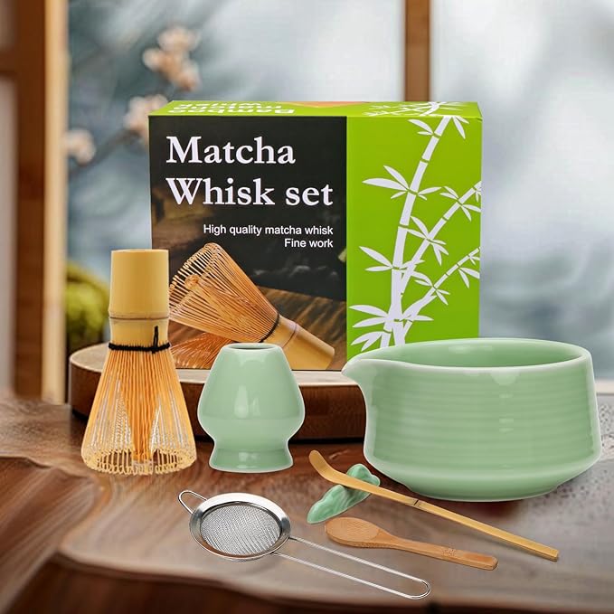 Matcha Whisk Set,7pcs Green Matcha Set includes Matcha Bowl (19 oz),Bamboo Matcha Whisk and Matcha Scoop,Matcha Whisk Holder,Stainless Steel Sifter,Tea Making Tools,Matcha Kit Gift for Matcha Lovers