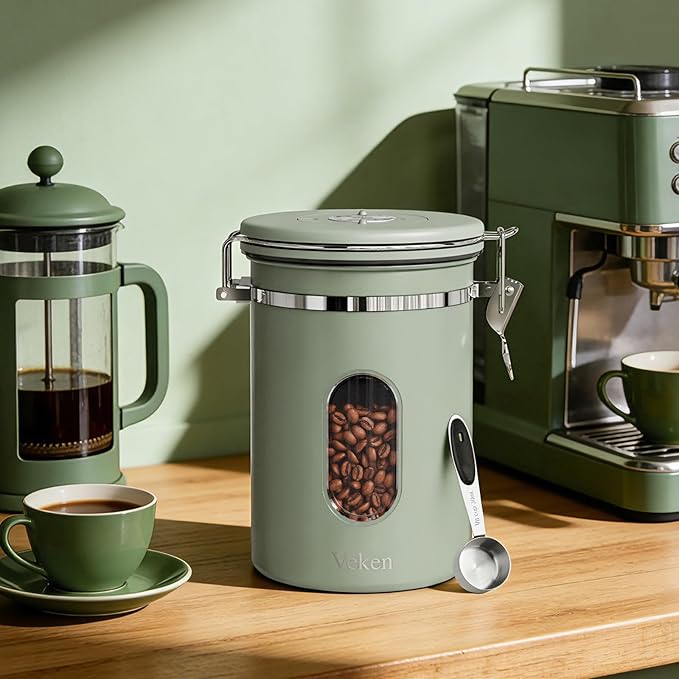 Veken Coffee Canister with Window, Easter Gifts Airtight Stainless Steel Container with Lids, Home Kitchen Food Storage Jars for Grounds, Beans, Tea, Flour, Cereal, Sugar, Basket, Scoop, 22OZ, Green
