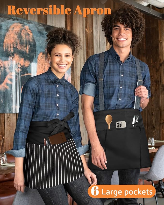 Slohif Reversible Server Apron 6 Pockets - Waist Apron for Waitress Women Half Serving Short Apron for Waiter - Image 3