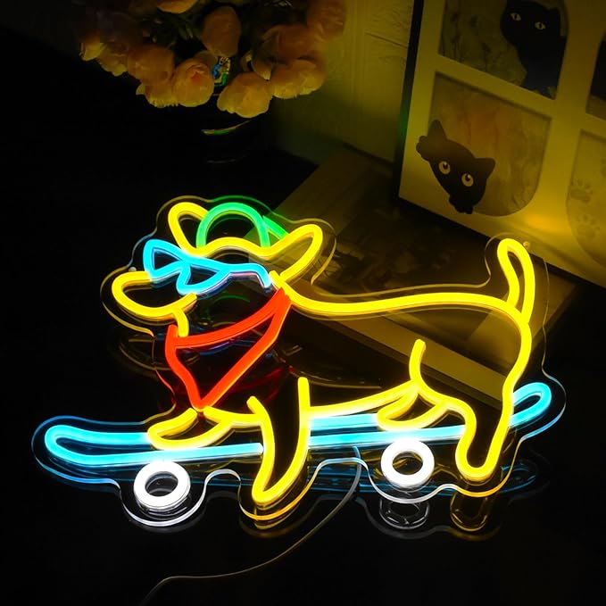 Dachshund Neon Sign Skateboard Dog Neon Sign with Cowboy Hat Animal Light Up Sign Dimmable Glasses Dog LED Neon Light for Pet Shop Bedroom Wall Home Party Decor, Dog Lover