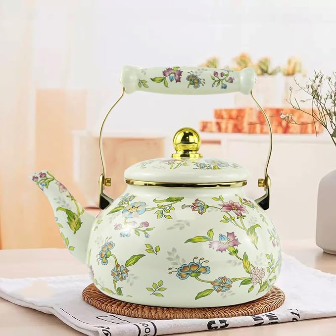 Floral Enamel Tea Kettle Bohemian Gold Beige Teapot Vintage Boho Hot Water Coffee Kettle Pot 2.5L Porcelain Tea Pot Retro Pot Stovetop Kitchen Home Decor