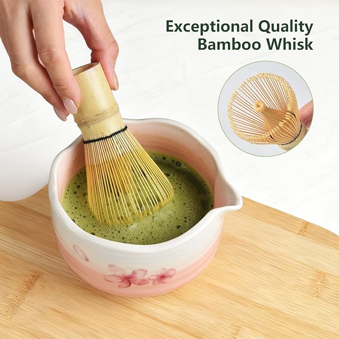 7PCS Matcha Whisk Set, Sakura Cherry Bloosm Matcha Kit Gift for Women Birthdays Mom Girls Kids and Matcha Tea Lover, with Bamboo Whisk, Holder, Bowl, Scoop, Sifter, Towel, and Elegant box