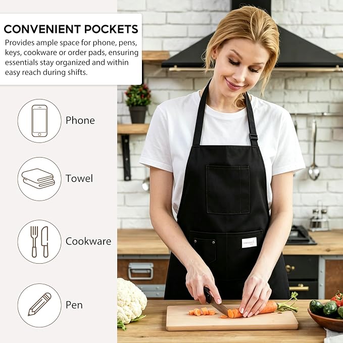 Kitchen Apron, Chef Aprons for Men Women with 5 Pockets, Adjustable Bib Barista BBQ Work Apron for Cooking - Image 2
