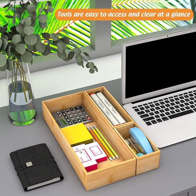 Bamboo Kitchen Drawer Organizer, Wooden Storage Box for Utensil Organizer Silverware Tray Cutlery Holder Flatware Containers - Multi-Use Deep Drawer Dividers Organizer for Bathroom, Jewelry, 9"3"2.5"