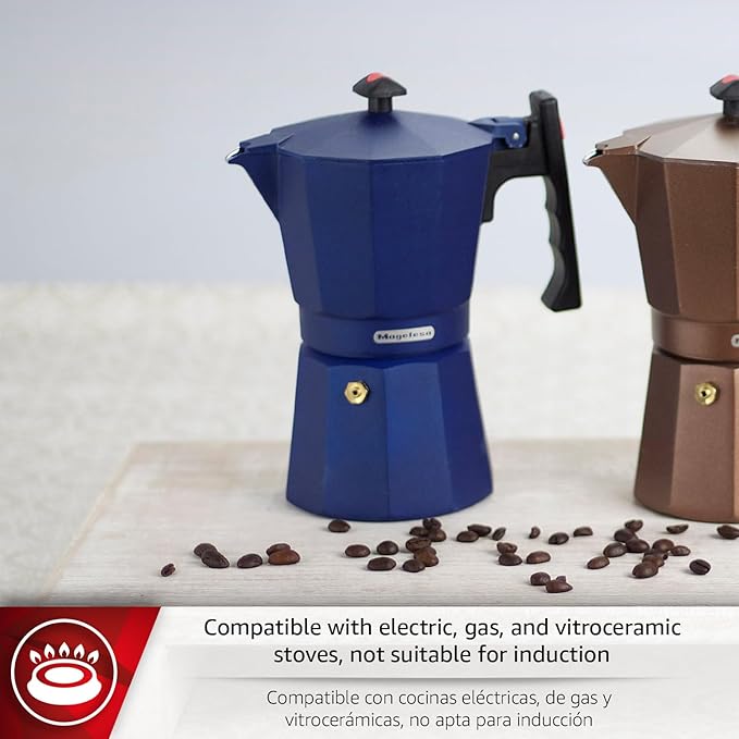 Magefesa Colombia Blue Stovetop Espresso Moka Pot, 6-Cup/10 oz, Italian Coffee Maker for Cuban Coffee, Extra-Thick Aluminum, Heat-Resistant Handle, Safe & Easy-to-Use, Greca Coffee Maker