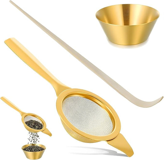 2.2" Mini Matcha Sifter Set, 30 Fine Mesh Matcha Strainer with Handle and Base, Stainless Steel Small Tea Strainer for Loose Tea Coffee Cocktail(Gold)