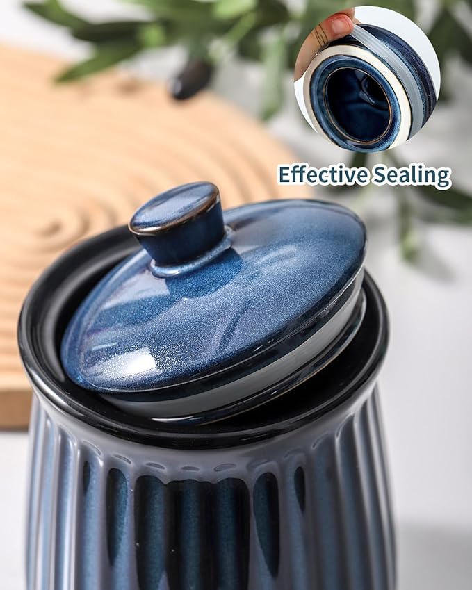 Hasense Ceramic Storage Containers, 35 oz Coffee Canister with Airtight Lids, Porcelain Food Storage Jar, Kitchen Storage Container for Countertop, Flour and Sugar Containers for Cookie, Candy, Blue