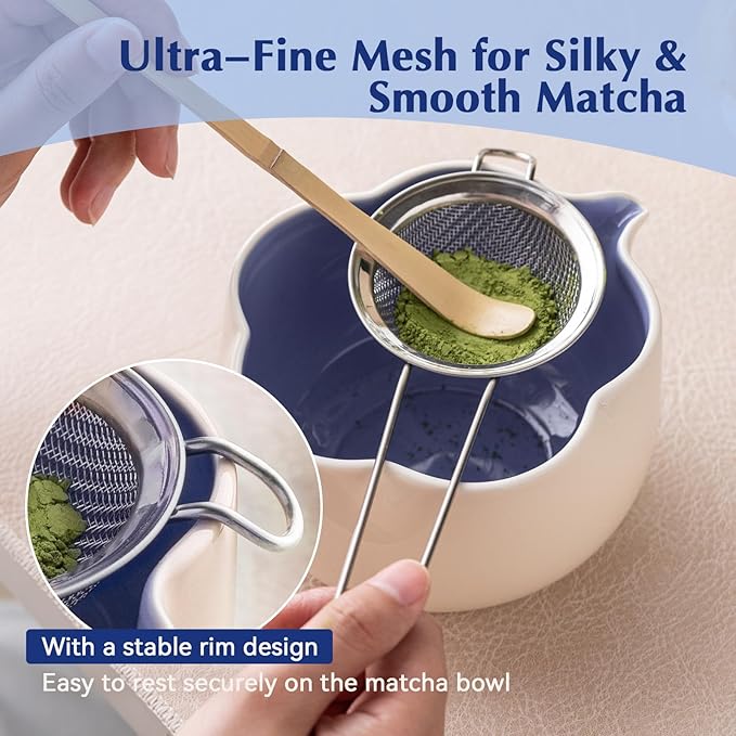 Matcha Set, 8Pcs Floral Ceramic Matcha Kit with Matcha Whisk, Holder, Scoop, Scoop Rest, Sifter, Spoon and Tea Towel - Thoughtful Matcha Whisk Set Gift for Matcha Lovers (Beige & Blue)