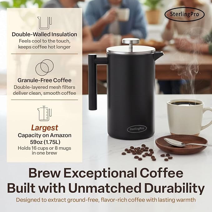 Stainless Steel French Press Coffee Maker 1.75 L (59 oz) Black – Double Walled Insulated Extra Large French Press, Durable Design Keeps Drinks Hot, Easy to Use and Clean for Rich Flavor