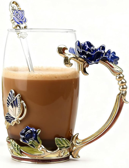 Gifts for Mom Women Unique Blue Tea Mug With Spoon Set & Flower Decoration - Top Birthday Christmas Gifts For Women Mom Who Has Everything