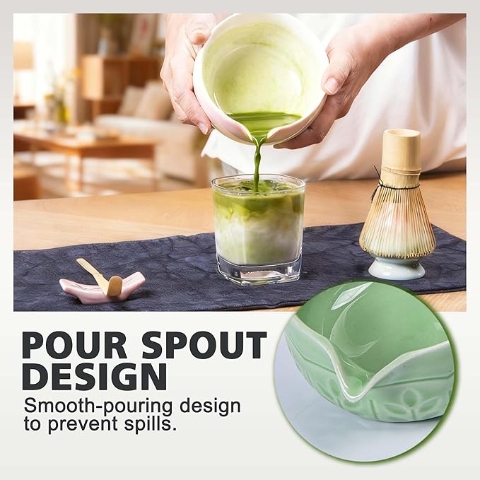 Matcha Whisk Bowl Set, 7PCS Japanese Matcha Kit with Spout Bowl (Green), Bamboo Whisk with Stand, Scoop, Sifter, Matcha Accessories for Tea Ceremony, Matcha Latte, Gifts for Family, Friends