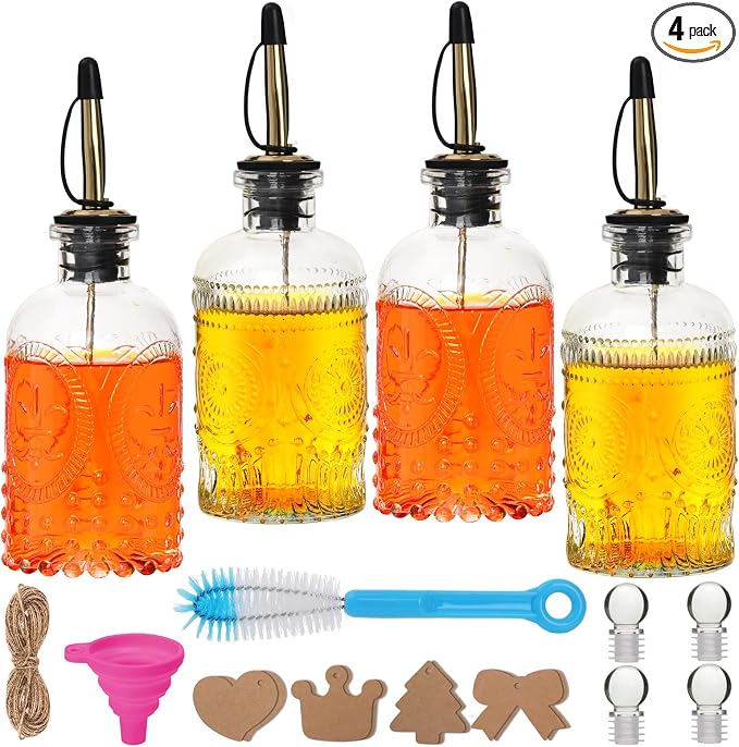 7oz Glass Coffee Syrup Dispenser, 4-Pack Complete Set with Funnel, Brush, Stoppers & Accessories - Syrup Bottles for Coffee Bar with Metal Pour Spout, Ideal for Maple,Oil, Vinegar,Cooking wine by Alotpower