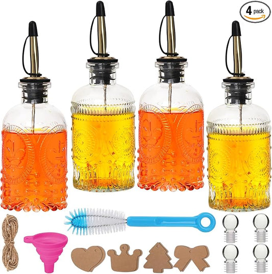 7oz Glass Coffee Syrup Dispenser, 4-Pack Complete Set with Funnel, Brush, Stoppers & Accessories - Syrup Bottles for Coffee Bar with Metal Pour Spout, Ideal for Maple,Oil, Vinegar,Cooking wine by Alotpower