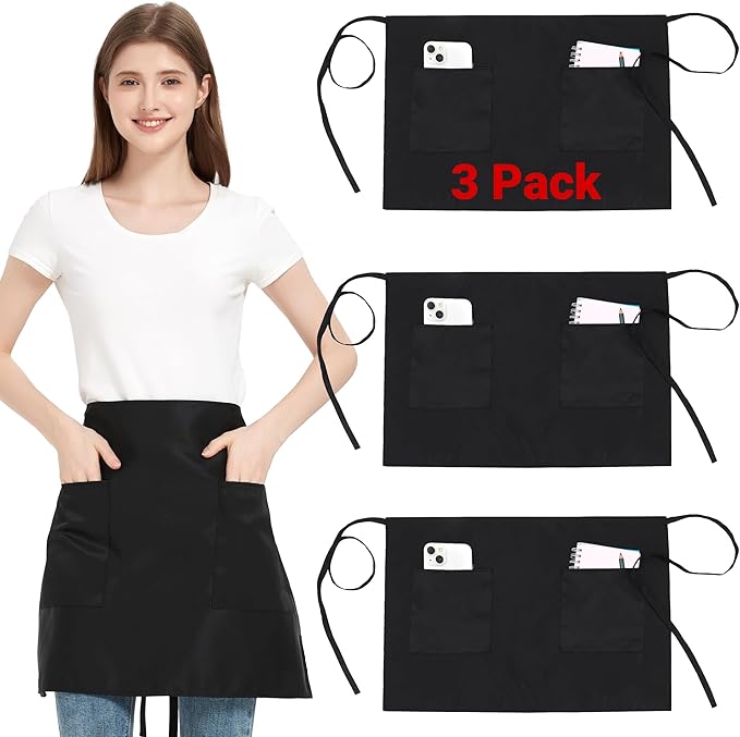 3 Pack Waist Apron with 3 Pockets, Unisex Black Waiter Aprons, Water Resistant Server Aprons for Restaurant Chef Bar by FunChaos